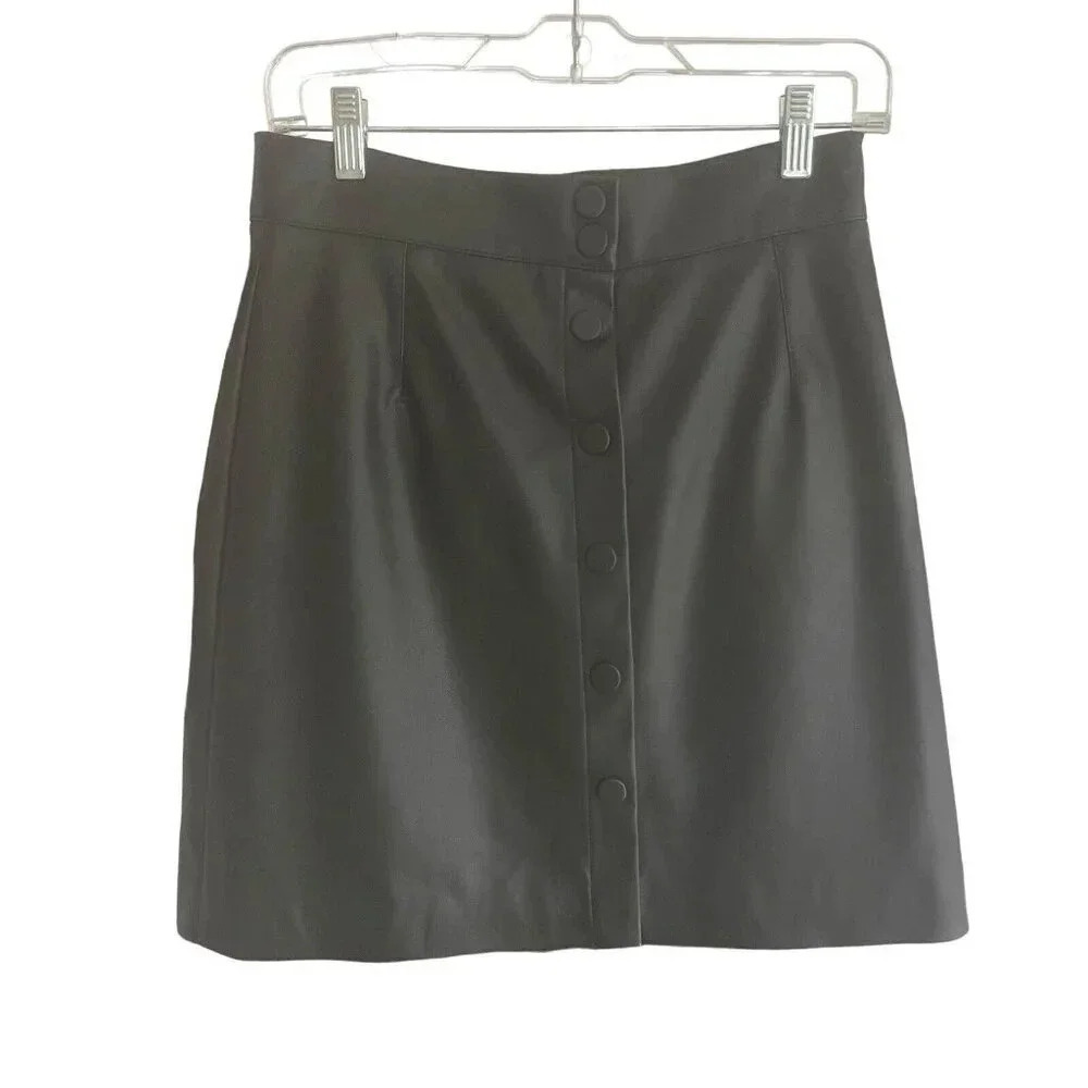 H&M Faux Leather Button Up Size 8 Black Mini Skirt Mid Rise